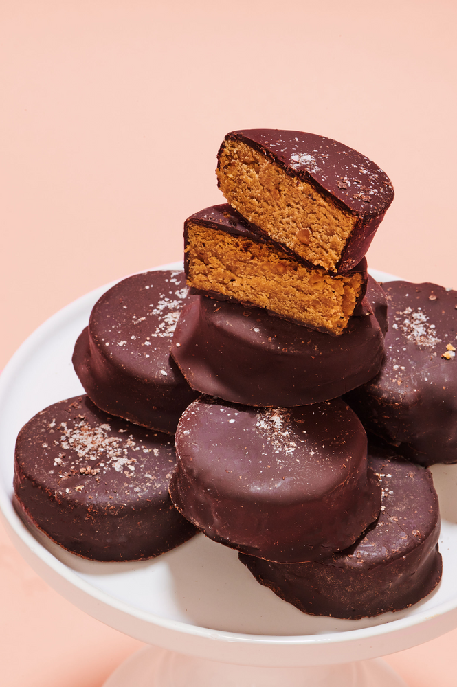Dark Chocolate Peanut Butter Filled Bites + Plant-Based Protein